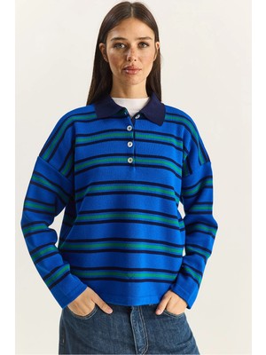 Shade Kadın Polo Yaka Çizgili Basic Triko Kazak