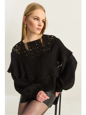 Shade Kadın Fırfırlı Ajurlu Detaylı Balon Kol Ribanalı Yumoş Triko Kazak