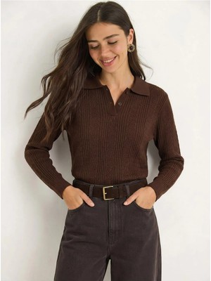 Shade Kadın Polo Yaka Patlı Regular Fit Triko Kazak