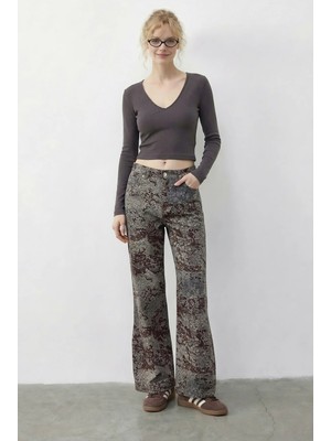 Shade Kadın Vintage Desen Yüksek Bel Denim Pantolon