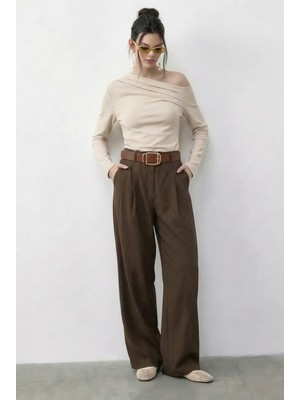 Shade Kadın Cep Detaylı Kemerli Yüksek Bel Premium Palazzo Pantolon