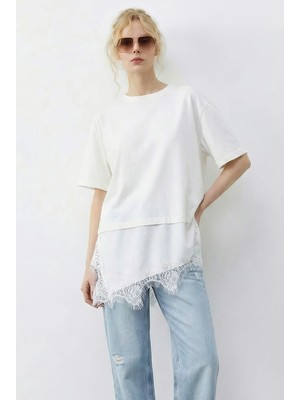Shade Kadın Asimetrik Dantelli Etek Uclu Oversize T-Shirt