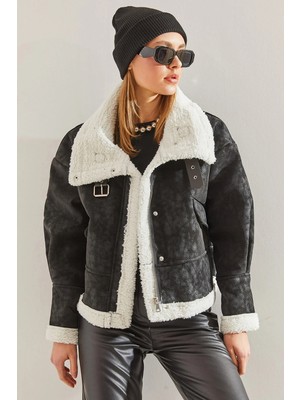 Shade Kadın Yaka Tokalı Süet Lamine Kısa Mont