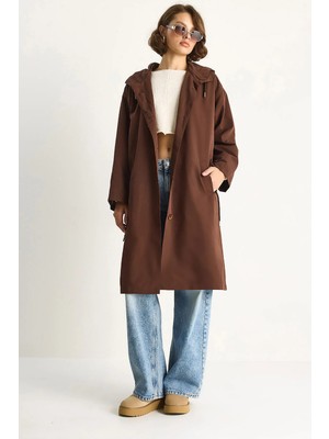 Shade Kadın Kapüşonlu Astarlı Cep Detaylı Orta Boy Mevsimlik Trençkot