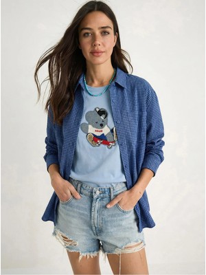 Shade Kadın Teddy Nakışlı Işlemeli Bisiklet Yaka Basic T-Shirt