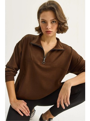 Shade Kadın Dik Yaka Yarım Fermuarlı Cep Detaylı Oversize Modal Sweatshirt