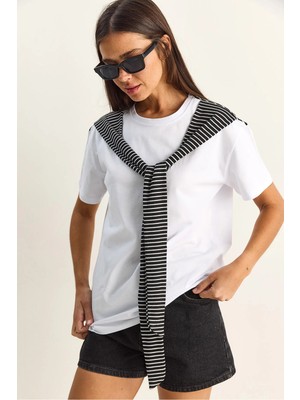 Shade Kadın Çizgili Şal Detaylı Relaxed Basic T-Shirt