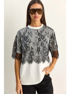 Shade Kadın Üstü Dantel Detaylı Oversize Basic T-Shirt