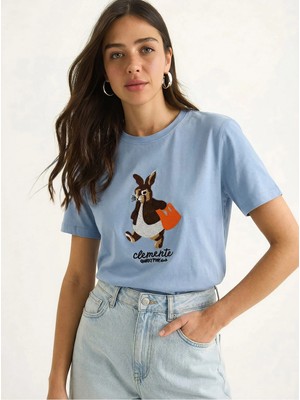 Shade Kadın Rabbit Nakışlı Işlemeli Bisiklet Yaka Basic T-Shirt