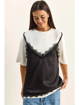 Shade Kadın Dantel Saten Detaylı Katmanlı Görünümlü T-Shirt