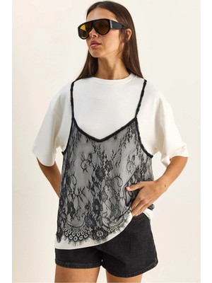 Shade Kadın Dantel Detaylı Katmanlı Görünümlü Basic T-Shirt