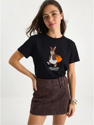 Shade Kadın Rabbit Nakışlı Işlemeli Bisiklet Yaka Basic T-Shirt