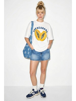 Shade Kadın %100 Pamuk Bisiklet Yaka Papaya Baskılı Oversize T-Shirt