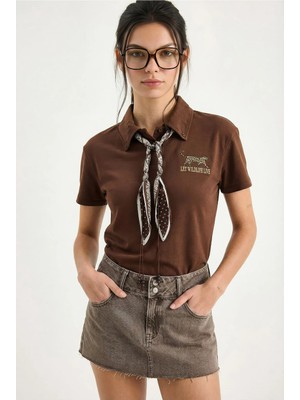 Shade Kadın Tiger Nakışkı Fular Detaylı Polo Yaka T-Shirt