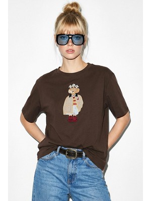 Shade Kadın Köpek Nakışlı Taş Işlemeli Relaxed Fit %100 Pamuk T-Shirt