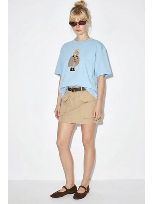 Shade Kadın Köpek Nakışlı Taş Işlemeli Relaxed Fit %100 Pamuk T-Shirt