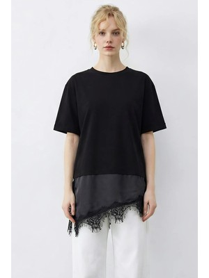 Shade Kadın Asimetrik Dantelli Etek Uclu Oversize T-Shirt
