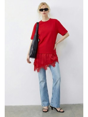 Shade Kadın Asimetrik Dantelli Etek Uclu Oversize T-Shirt