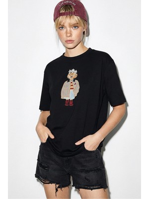 Shade Kadın Köpek Nakışlı Taş Işlemeli Relaxed Fit %100 Pamuk T-Shirt