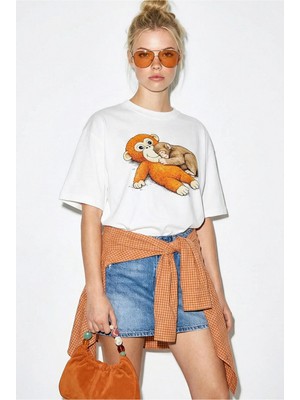 Shade Kadın %100 Pamuklu Bisiklet Yaka Maymun Punch Baskılı Oversize T-Shirt