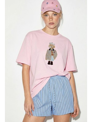Shade Kadın Köpek Nakışlı Taş Işlemeli Relaxed Fit %100 Pamuk T-Shirt