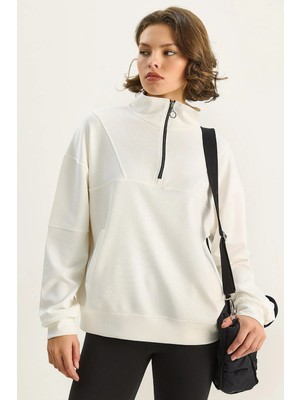 Shade Kadın Dik Yaka Yarım Fermuarlı Cep Detaylı Oversize Modal Sweatshirt