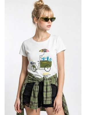 Shade Kadın %100 Pamuk El Işi Nakışlı Bisiklet Baskılı Premium Tasarım T-Shirt