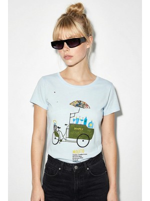 Shade Kadın %100 Pamuk El Işi Nakışlı Bisiklet Baskılı Premium Tasarım T-Shirt
