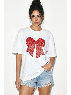 Shade Kadın %100 Pamuk Bisiklet Yaka Kadife Fiyonk Baskılı Oversize T-Shirt