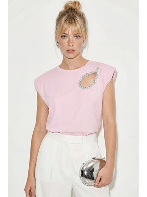 Shade Kadın Taş Işlemeli Vatkalı Omuz Detaylı %100 Pamuk T-Shirt