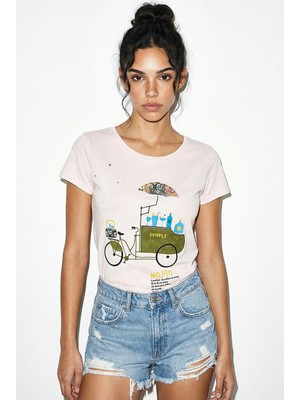 Shade Kadın %100 Pamuk El Işi Nakışlı Bisiklet Baskılı Premium Tasarım T-Shirt