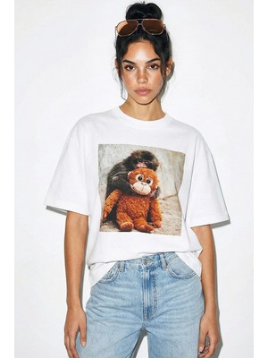 Shade Kadın %100 Pamuk Bisiklet Yaka Maymun Punch Baskılı Oversize T-Shirt