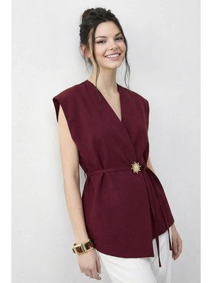 Shade Kadın Şık Düğmeli Kuşaklı Dokuma Yelek