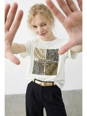 Shade Kadın Taş Detaylı Leopar Baskılı Bisiklet Yaka Rahat Kalıp T-Shirt