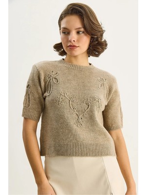 Shade Kadın Çiçek Motifli Kabartma Nakış Detaylı Kısa Kollu Triko Kazak