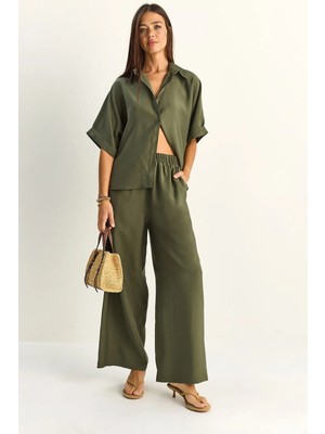 Shade Kadın Oversize Kısa Kol Gömlek Beli Lastikli Geniş Paça Pantolon Takım