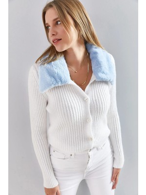 Shade Kadın Yakası Kürklü Yumoş Triko Hırka