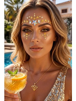 Bear & Pear Moonshine Gold Renk Ay ve Yıldız Yüz Taşı Parti Festival Makyaj Aksesuarı