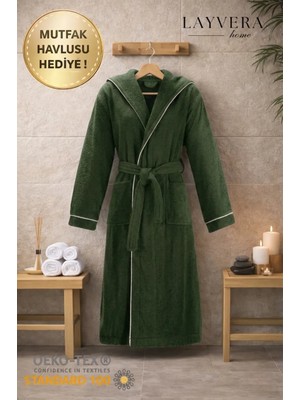 Layvera Unisex Koyu Yeşil %100 Pamuk Bornoz Yüksek Kalite | Kapüşonlu-Biyeli-Cepli-Yeşil
