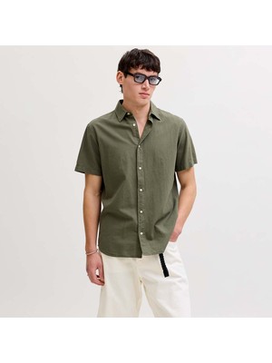 Jack & Jones Jack&jones Breeze Linen Blend Erkek Haki Klasik Yaka Gömlek