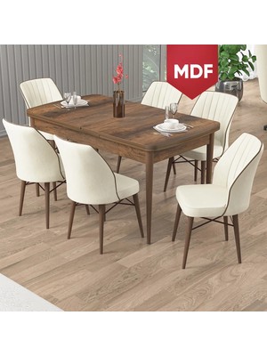 Canisa Uzi Serisi Barok Ahşap Desen 80X132 Açılabilir MDF Mutfak Masası Takımı 6 Sandalye
