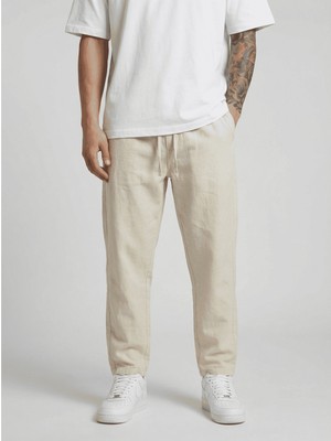 Danger Erkek Beli Lastikli Bağcıklı Pamuk Keten Görünümlü Pantolon Bej