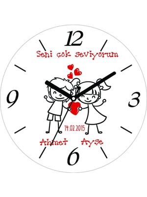 Sevgililer Günü Kişiye Özel Cam Duvar Saati, Çap 30, Şık Tasarım
