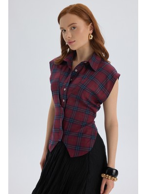 Mai Frenzy Ekoseli Bordo Kısa Gömlek