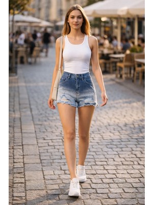 CEDY DENIM Kadın Yüksek Bel Yıpratmalı Paçası Püsküllü Kot Şort Mini Jean Porto Mavi C603