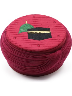 Sarıkhane Hac Umre Sarığı – Bordo Kumaş – Bordo Takke – Yuvarlak Sarım – Mekke-Medine – 5 Metre