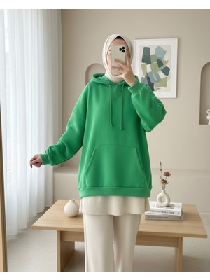 Moda Morfo Kapşonlu Kanguru Cepli Şardonlu Sweat -Yeşil