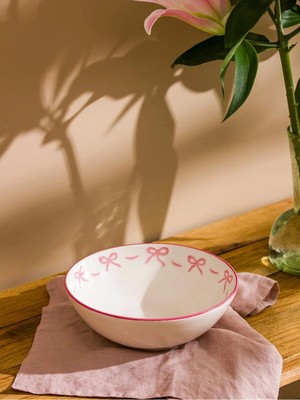 PremiumPort Pembe Fiyonk Baskılı 19 cm Porselen Salata Kasesi, Şık Ev Aksesuarı
