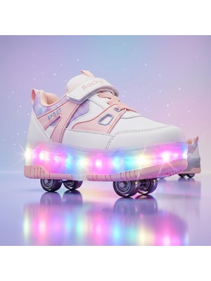 BURUNİ Işıklı Patenli Pembe Çocuk Ayakkabısı – LED Tabanlı, Ortopedik, Tekerlekli Spor Ayakkabı, Çift Kullanım (Paten & Günlük)