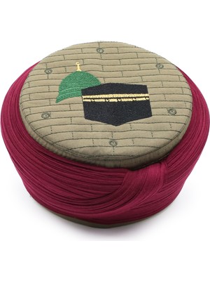 Sarıkhane Hac Umre Sarığı – Bordo Kumaş – Yeşil Takke – Düz Sarım – Mekke-Medine – 7 Metre